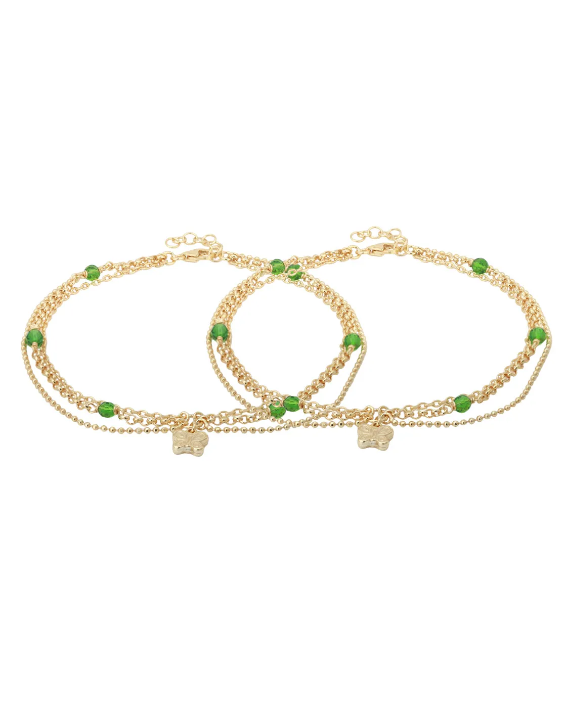 Carlton London -Set Of 2 Gold-Plated Green Beaded Butterfly Shape Layered Anklets For Women