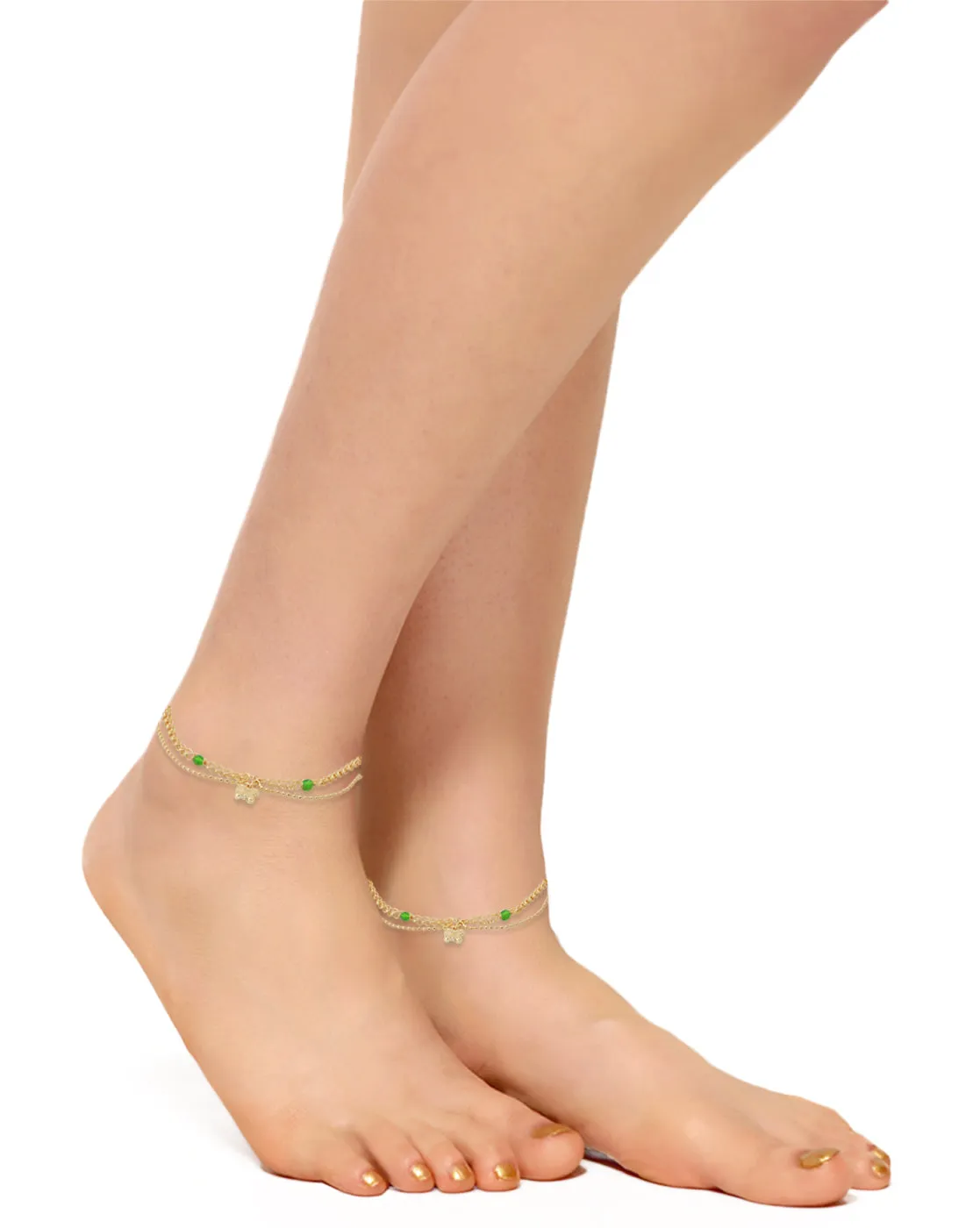 Carlton London -Set Of 2 Gold-Plated Green Beaded Butterfly Shape Layered Anklets For Women