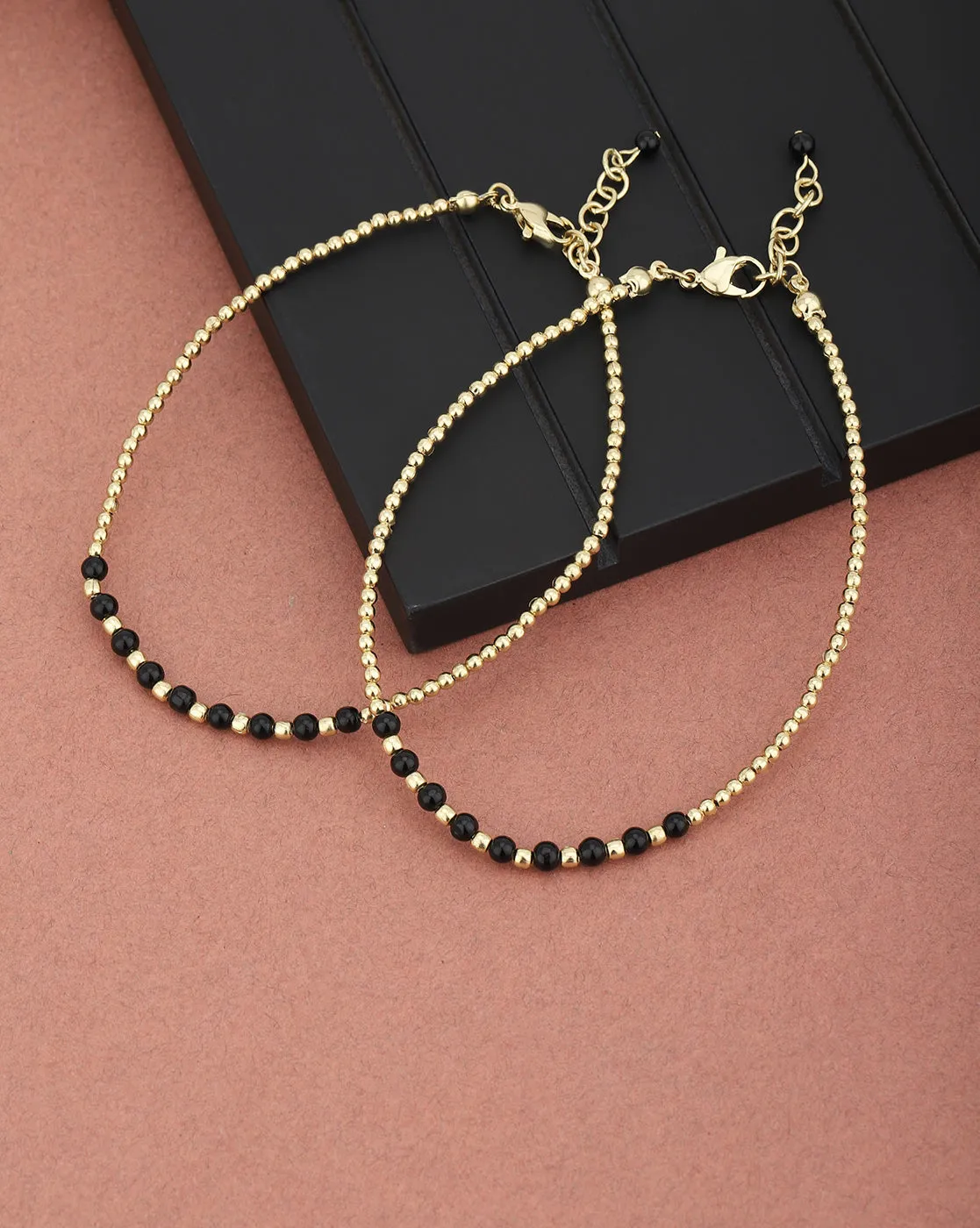 Carlton London-Set Of 2 Gold-Toned  Black Beaded Anklets For Women