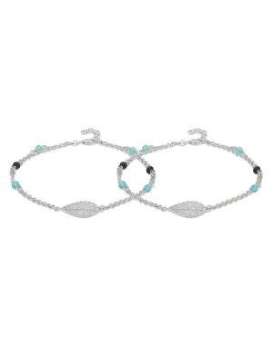 Carlton London -Set Of 2 Rhodium-Plated Silver Toned Black & Blue Beaded Leaf Shape Layered Anklets For Women