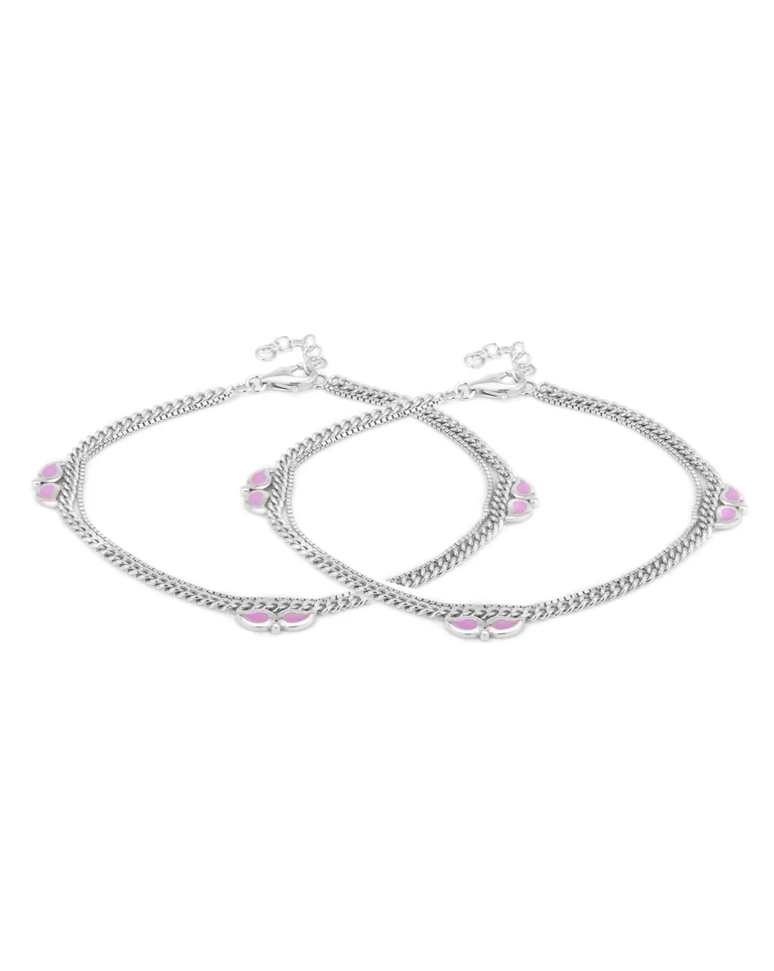 Carlton London -Set Of 2 Rhodium-Plated Silver Toned Dual Stranded Pink Enamel Anklets For Women