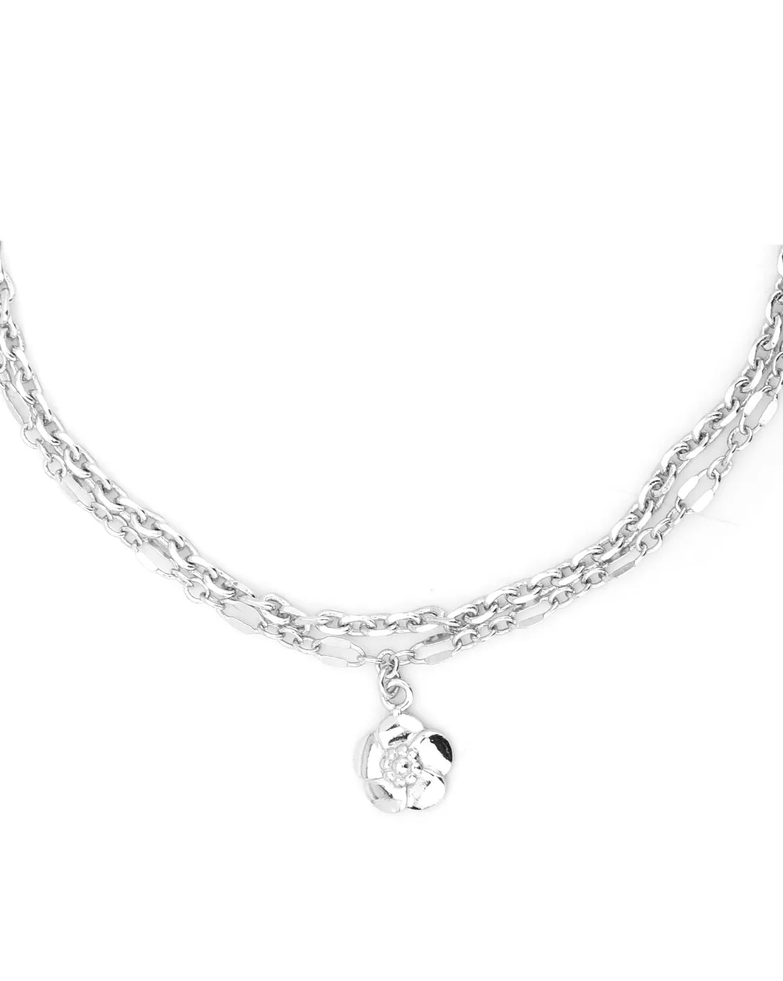 Carlton London -Set Of 2 Rhodium-Plated Silver Toned Layered Floral Link Anklets For Women