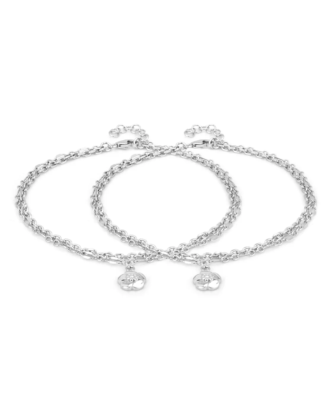 Carlton London -Set Of 2 Rhodium-Plated Silver Toned Layered Floral Link Anklets For Women