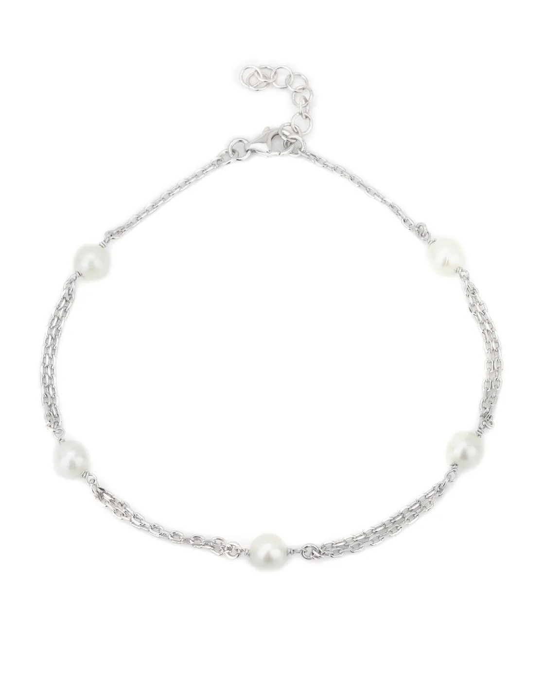 Carlton London -Set Of 2 Rhodium-Plated Silver Toned Off-White Beaded  Anklets For Women