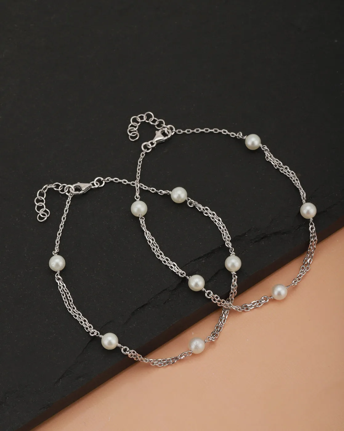 Carlton London -Set Of 2 Rhodium-Plated Silver Toned Off-White Beaded  Anklets For Women