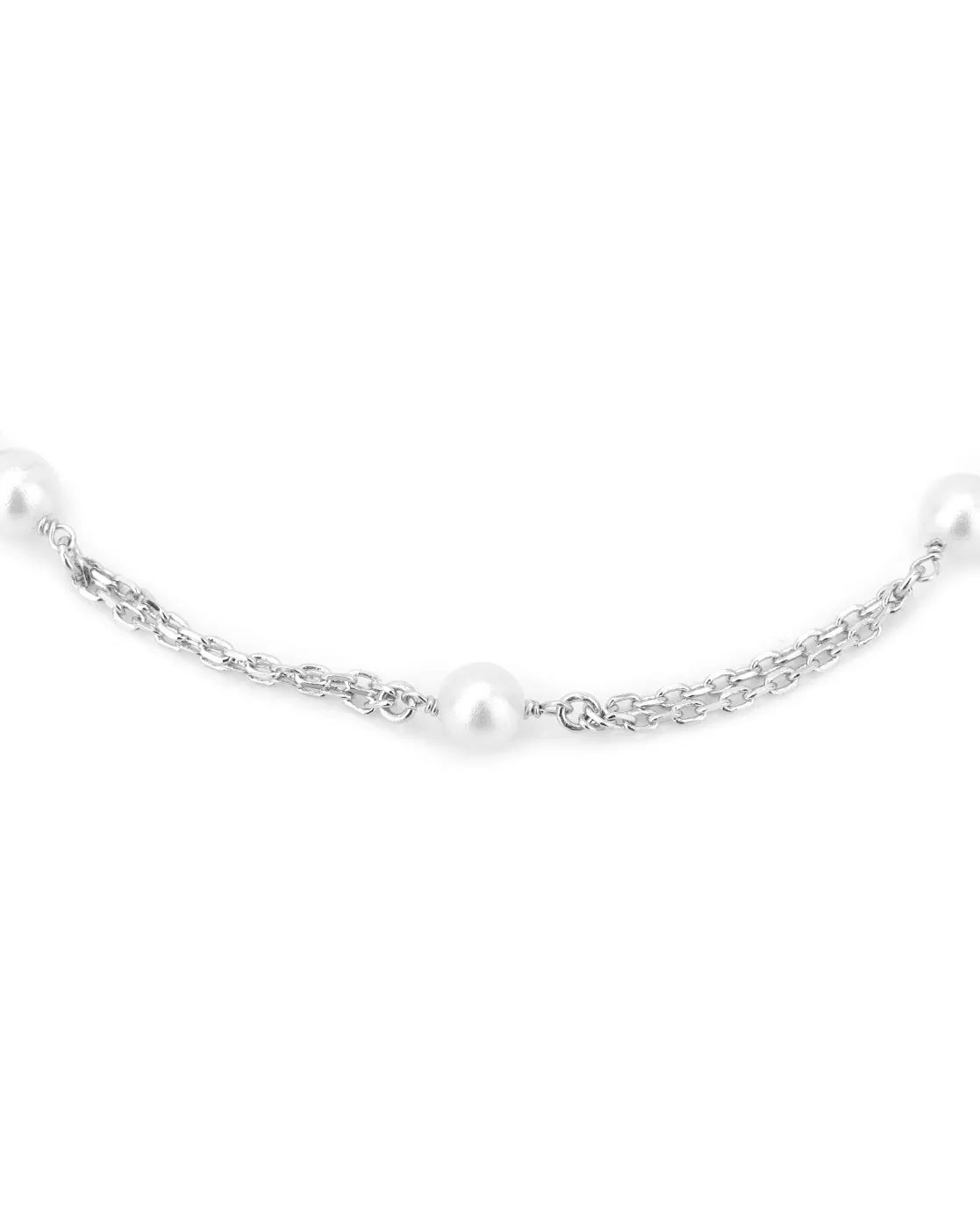 Carlton London -Set Of 2 Rhodium-Plated Silver Toned Off-White Beaded  Anklets For Women