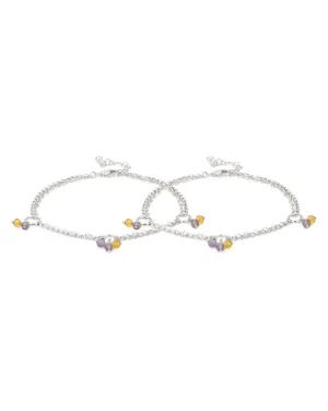 Carlton London -Set Of 2 Rhodium-Plated Silver Toned Purple & Yellow Link Beaded Anklets For Women