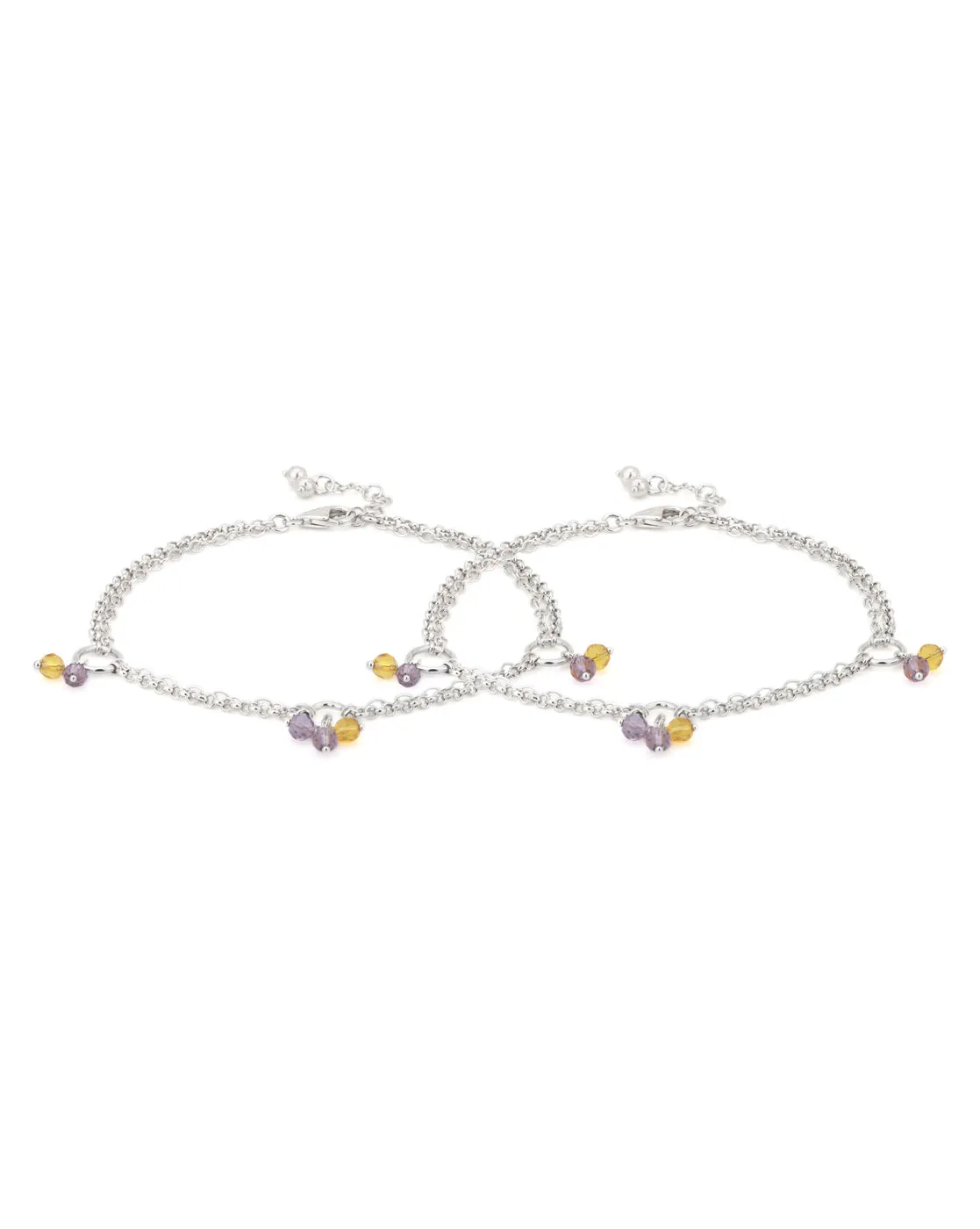 Carlton London -Set Of 2 Rhodium-Plated Silver Toned Purple & Yellow Link Beaded Anklets For Women