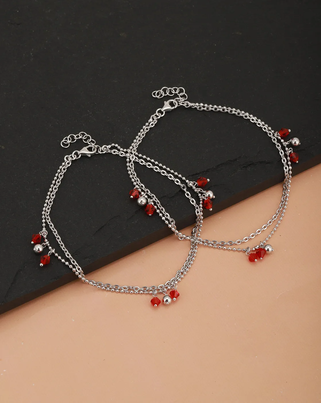 Carlton London -Set Of 2 Rhodium-Plated Silver Toned Red & Silver Link Beaded Layered Anklets For Women