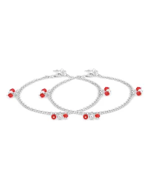 Carlton London -Set Of 2 Rhodium-Plated Silver Toned Red & Silver Link Beaded Layered Anklets For Women