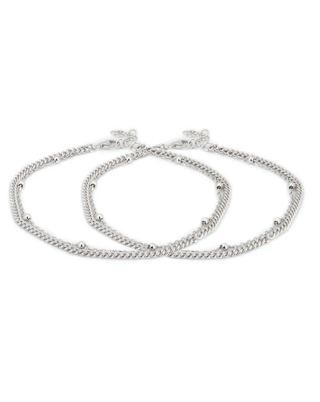 Carlton London -Set Of 2 Rhodium-Plated Silver Toned Silver Beaded Layered Anklets For Women