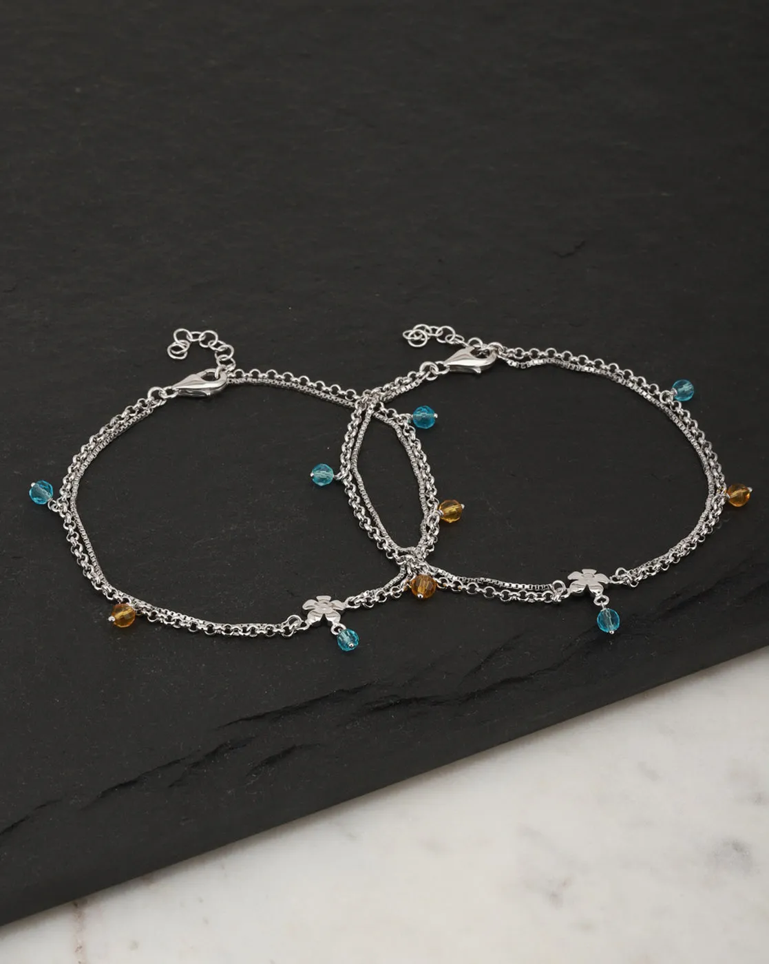 Carlton London -Set Of 2 Rhodium-Plated Silver Toned Yellow & Blue Beaded Layered Anklets For Women