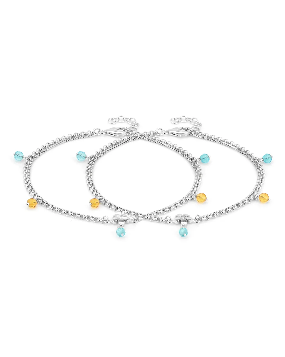 Carlton London -Set Of 2 Rhodium-Plated Silver Toned Yellow & Blue Beaded Layered Anklets For Women