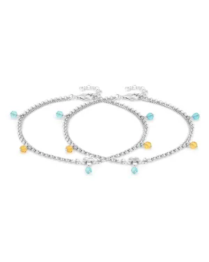 Carlton London -Set Of 2 Rhodium-Plated Silver Toned Yellow & Blue Beaded Layered Anklets For Women