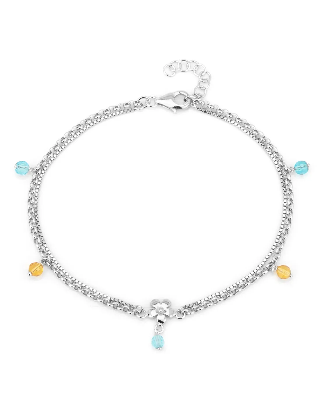 Carlton London -Set Of 2 Rhodium-Plated Silver Toned Yellow & Blue Beaded Layered Anklets For Women