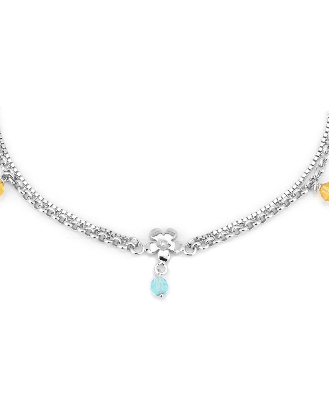 Carlton London -Set Of 2 Rhodium-Plated Silver Toned Yellow & Blue Beaded Layered Anklets For Women