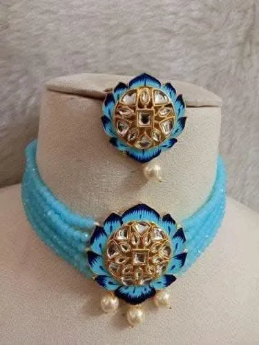 Chokar necklace with earrings (sky blue)