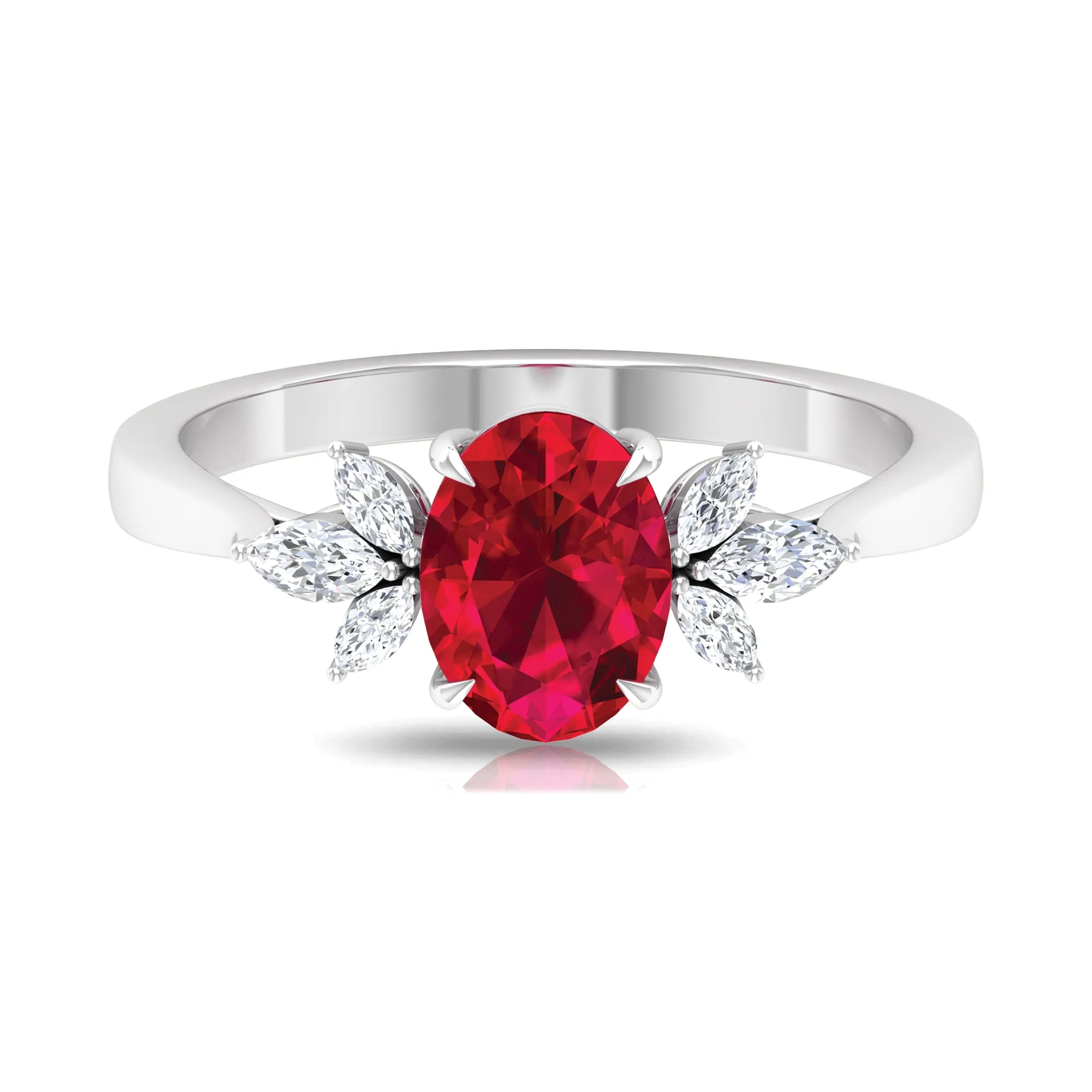 Claw Set Oval Created Ruby Solitaire Ring with Marquise Diamond Trio