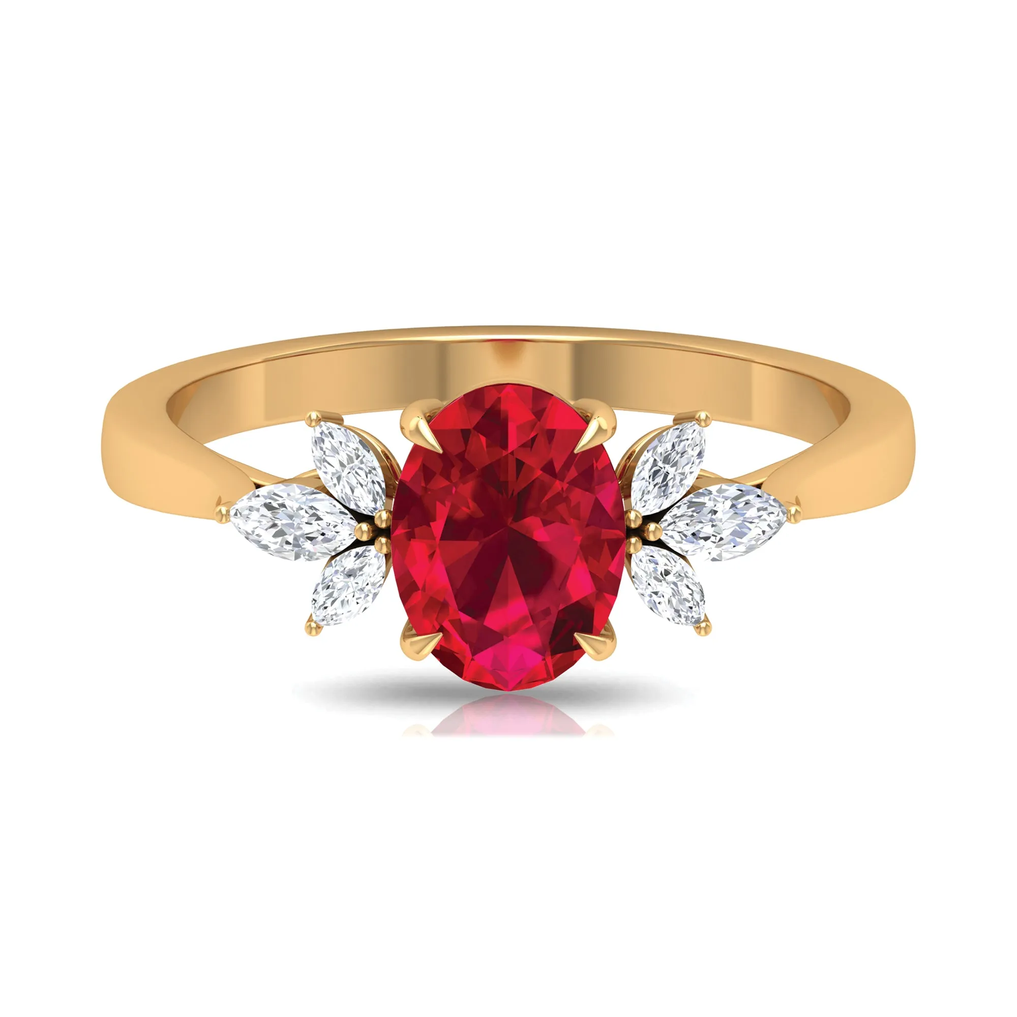 Claw Set Oval Created Ruby Solitaire Ring with Marquise Diamond Trio