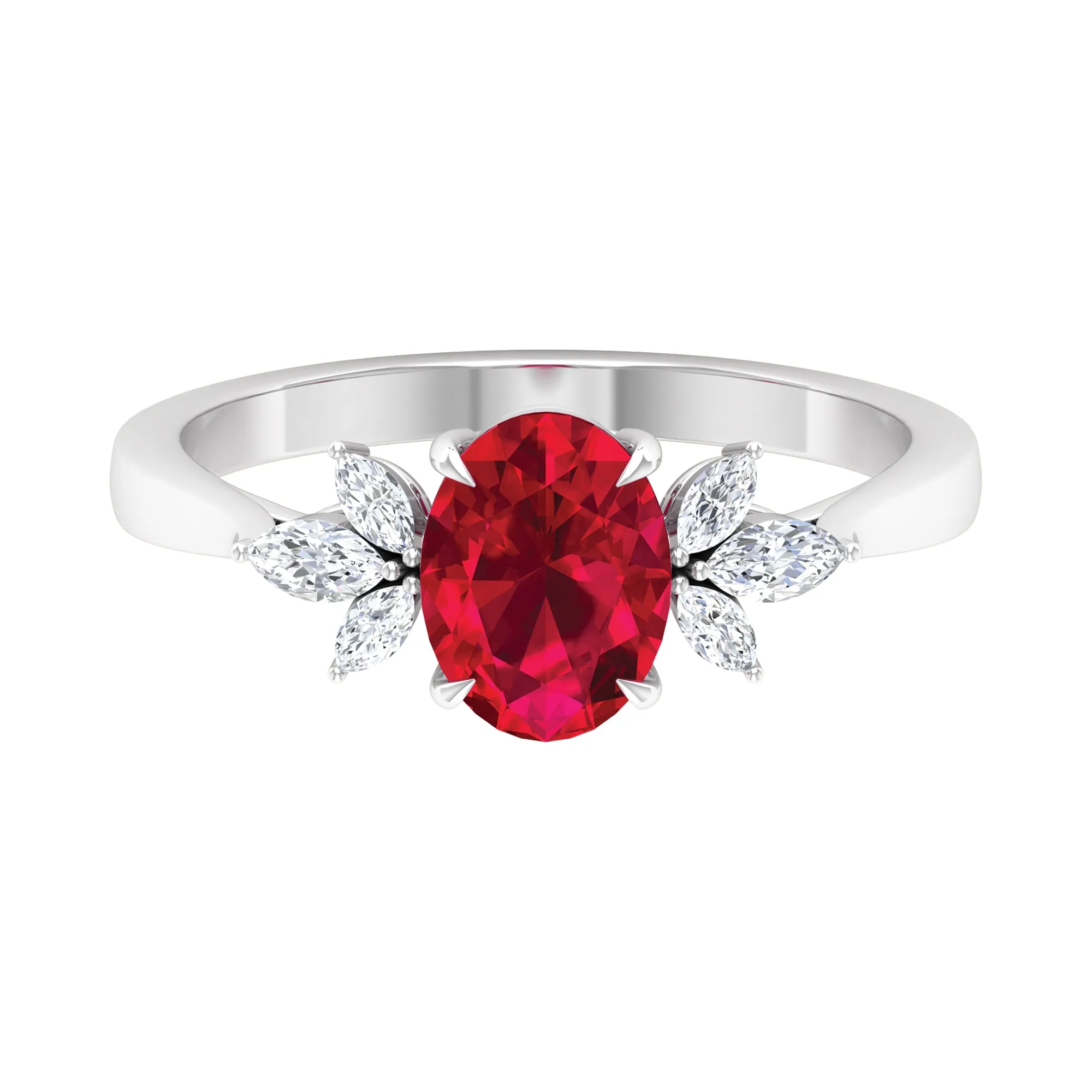 Claw Set Oval Created Ruby Solitaire Ring with Marquise Diamond Trio