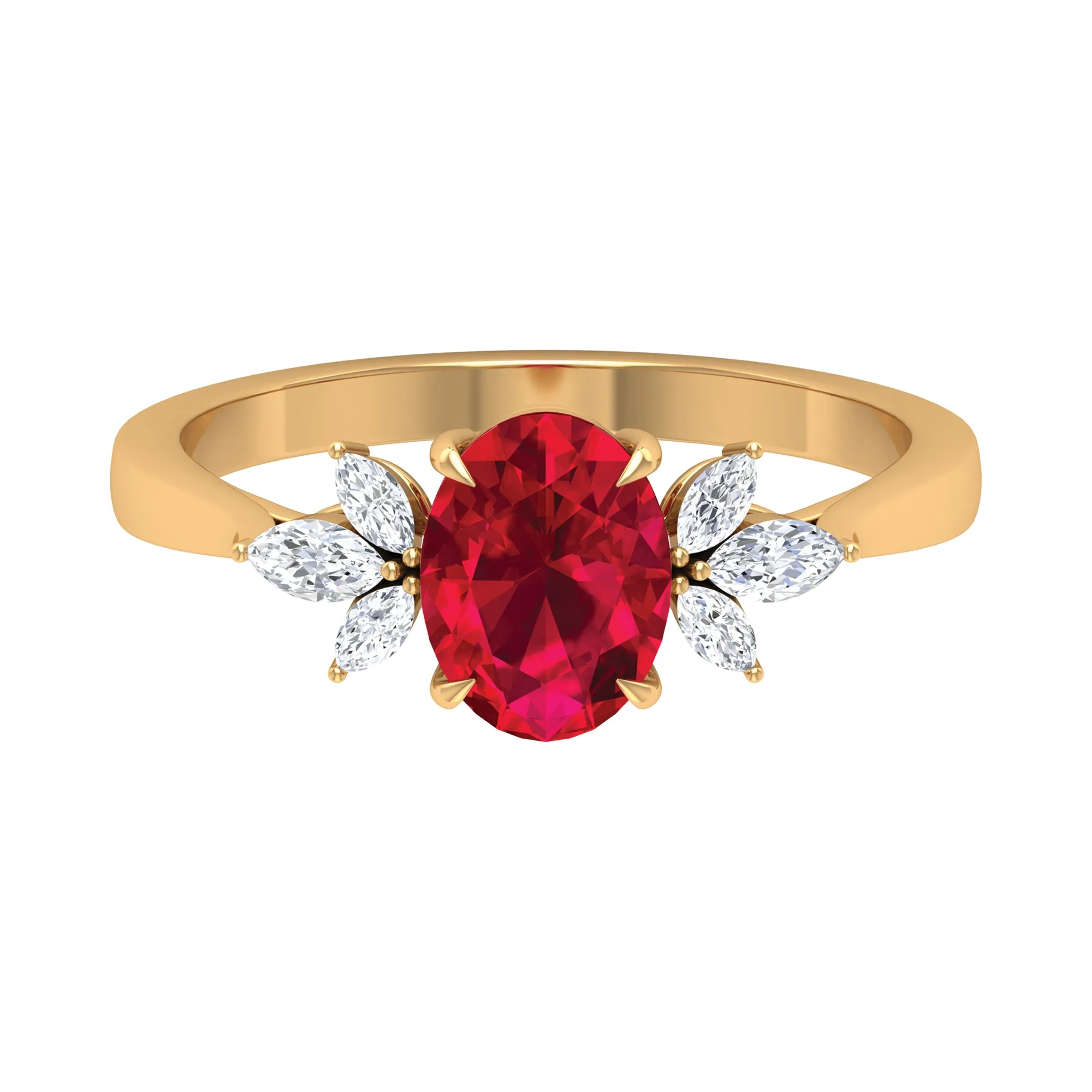 Claw Set Oval Created Ruby Solitaire Ring with Marquise Diamond Trio