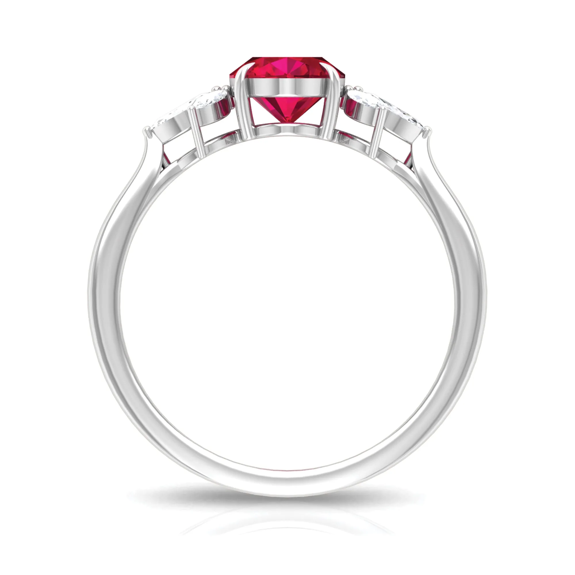 Claw Set Oval Created Ruby Solitaire Ring with Marquise Diamond Trio