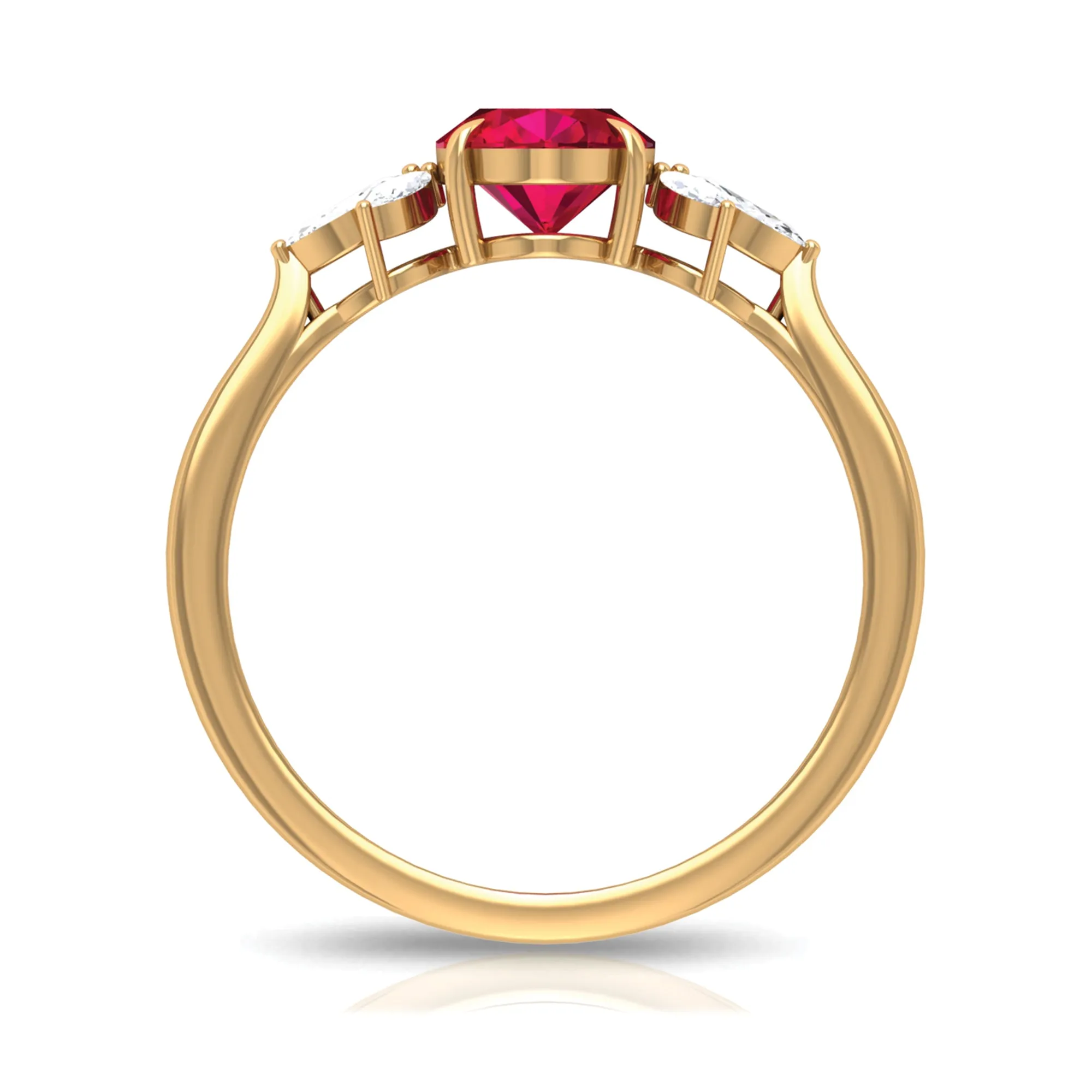 Claw Set Oval Created Ruby Solitaire Ring with Marquise Diamond Trio