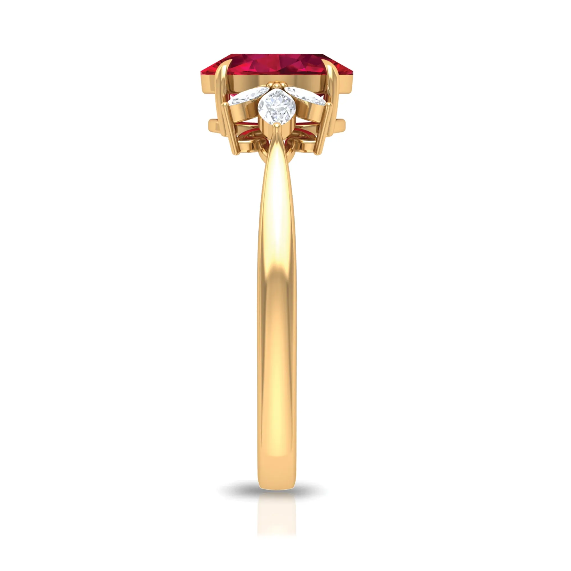 Claw Set Oval Created Ruby Solitaire Ring with Marquise Diamond Trio