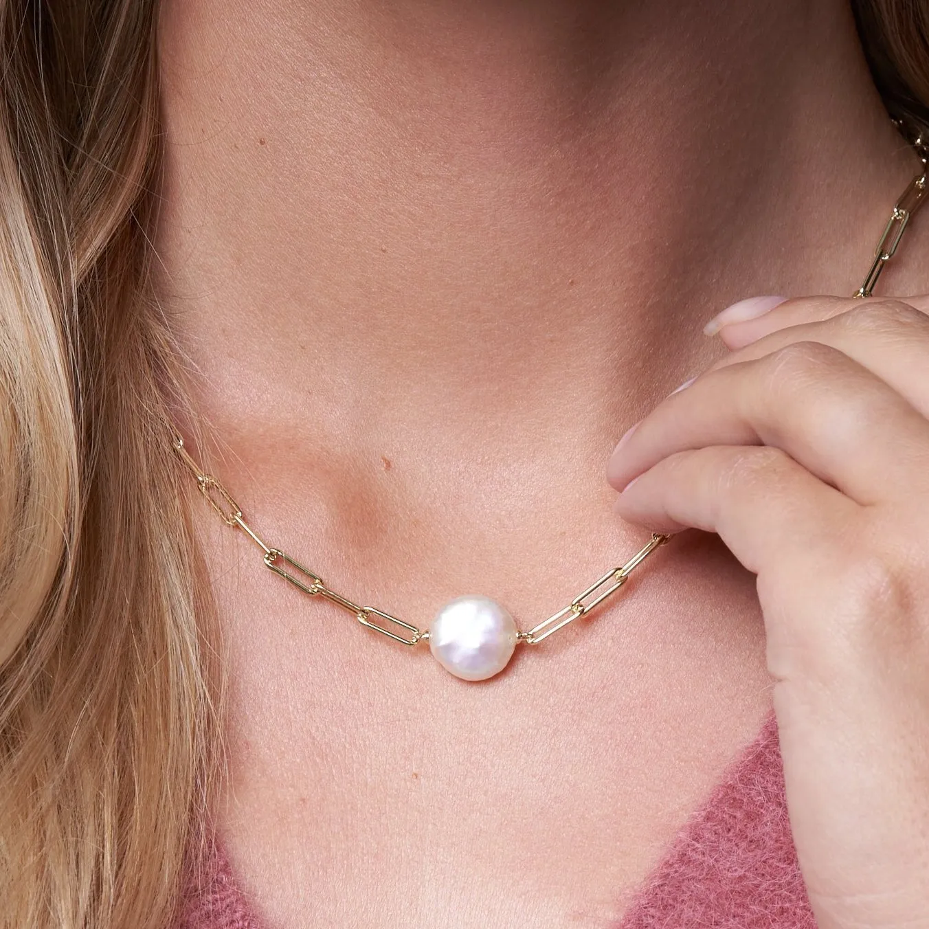 Credo gold link chain with cultured freshwater coin pearl necklace