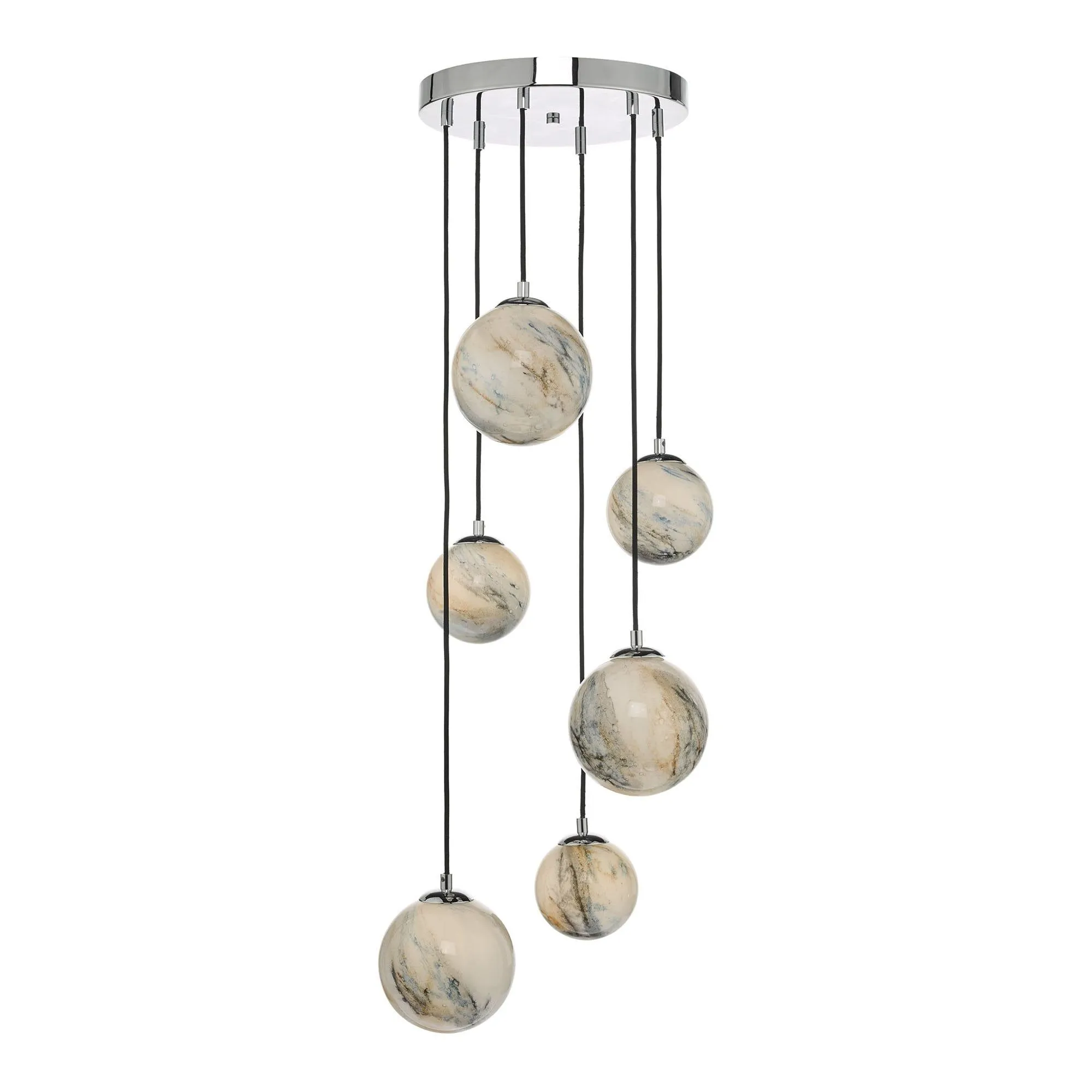 Dar MIK0650 | Mikara 6-Light Cluster Pendant | Marble Effect Glass/Polished Chrome