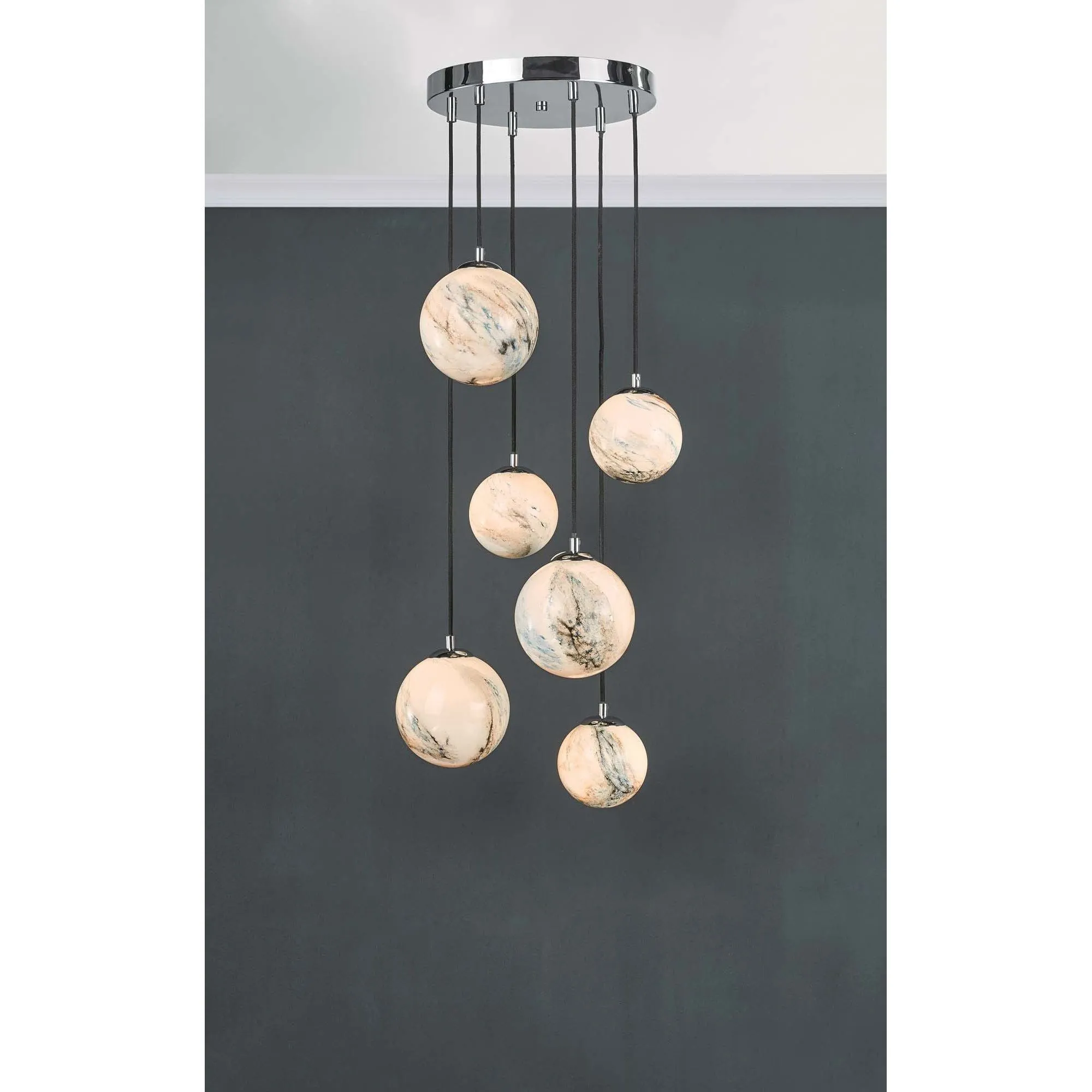 Dar MIK0650 | Mikara 6-Light Cluster Pendant | Marble Effect Glass/Polished Chrome