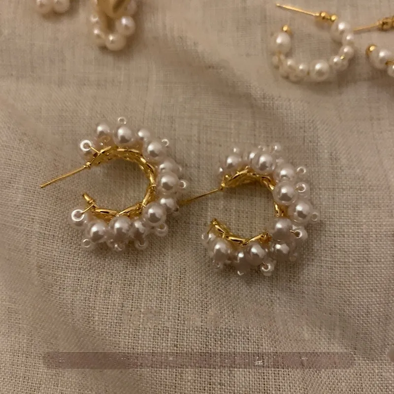 Elegant Gold and Pearl Cluster Hoop Earrings jlt11769