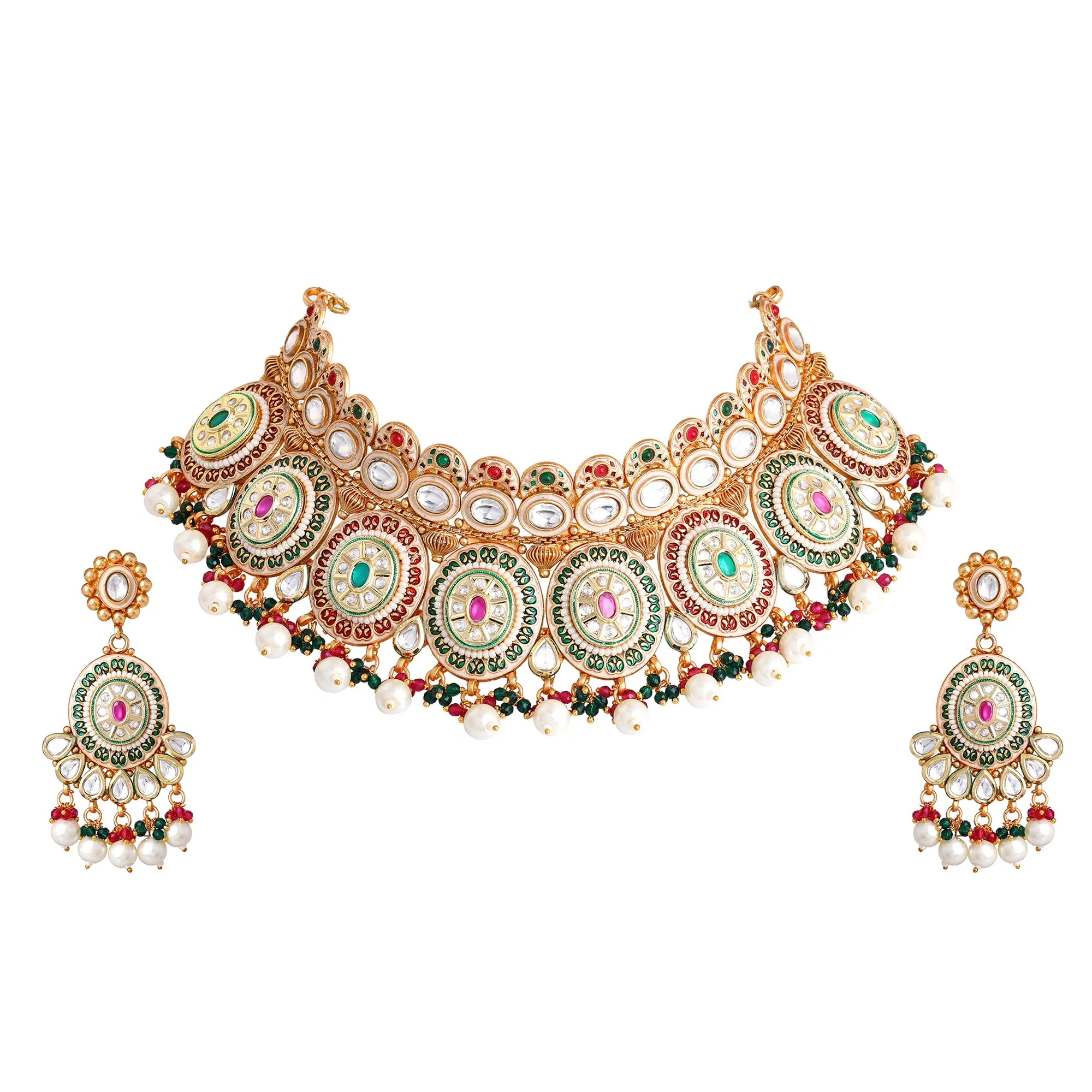 Estele Stunning Multi-color Regal Polki/ Kundan Bridal Necklace Set with Earrings & 1 Maang Tikkaâ€“ Timeless Bridal Elegance for Special Occasions for Women