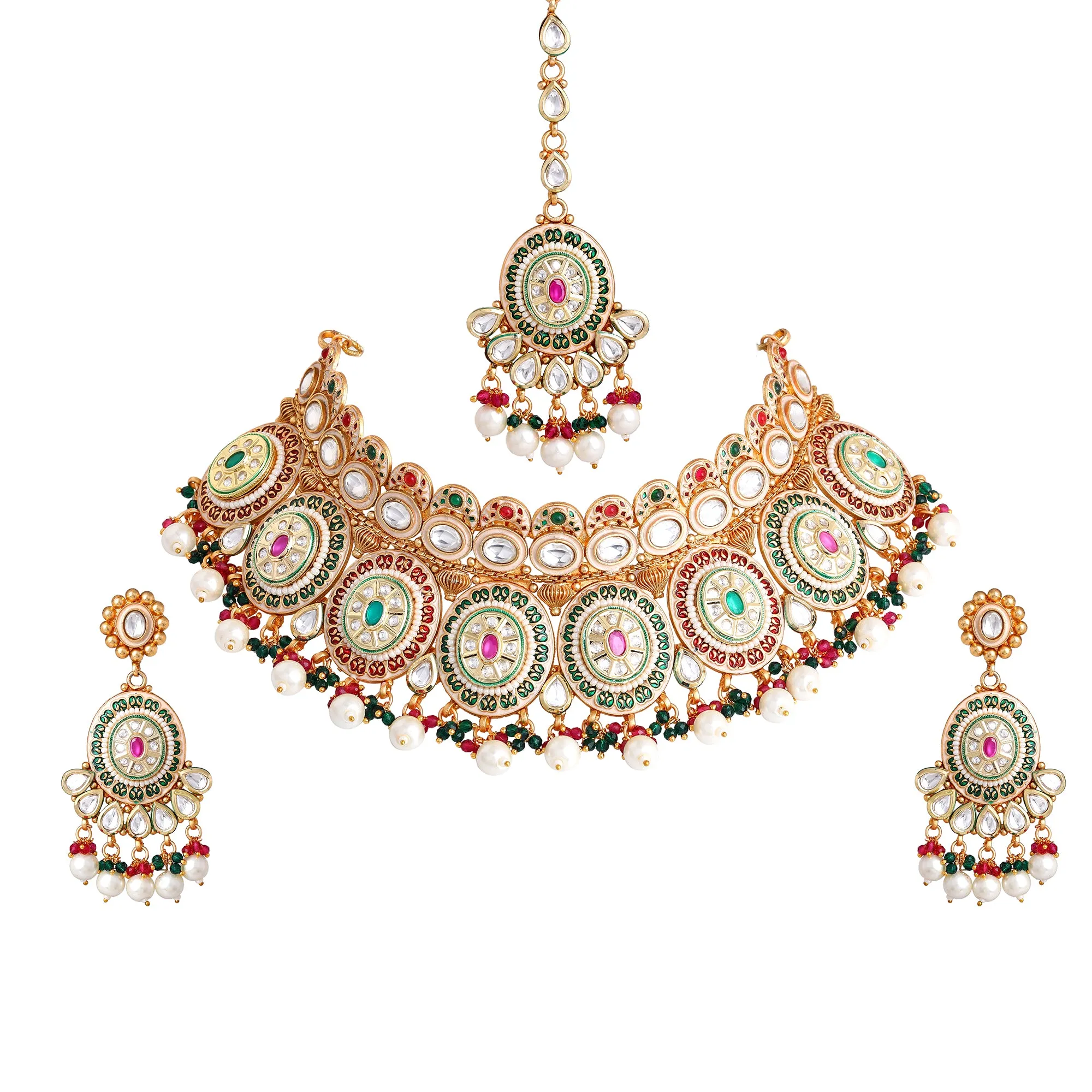 Estele Stunning Multi-color Regal Polki/ Kundan Bridal Necklace Set with Earrings & 1 Maang Tikkaâ€“ Timeless Bridal Elegance for Special Occasions for Women