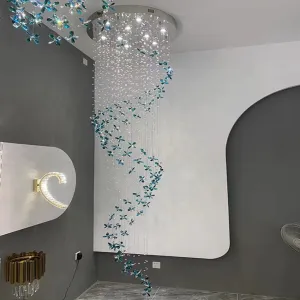 Extra Large Creative Luxury Petal Crystal Pendant Long Chandelier for Foyer/Staircase/Entrance Dining Hall Spiral Ceiling Light