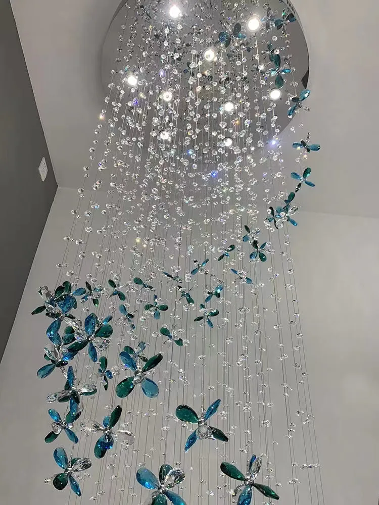 Extra Large Creative Luxury Petal Crystal Pendant Long Chandelier for Foyer/Staircase/Entrance Dining Hall Spiral Ceiling Light