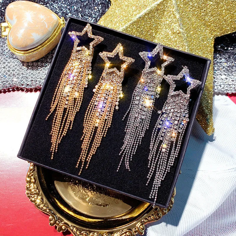 Fashion Long Tassel Crystal Earrings Shiny Gold Color Star Dangle Earrings