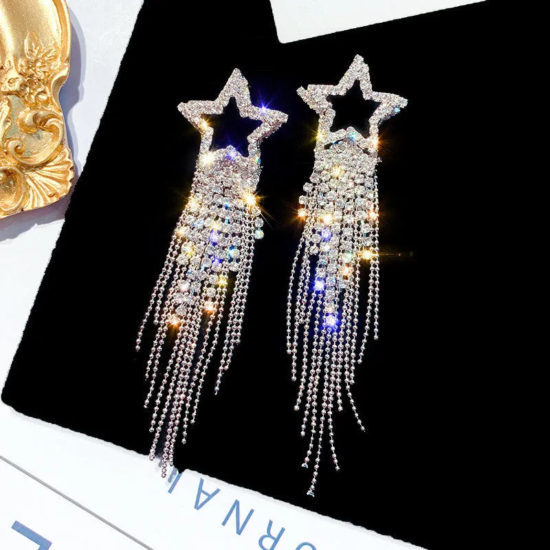 Fashion Long Tassel Crystal Earrings Shiny Gold Color Star Dangle Earrings