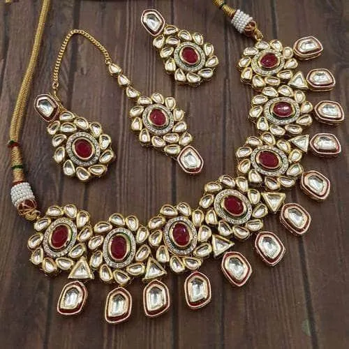 Flower Ad Kundna Pentagan Hanging Necklace Earring And Teeka Set