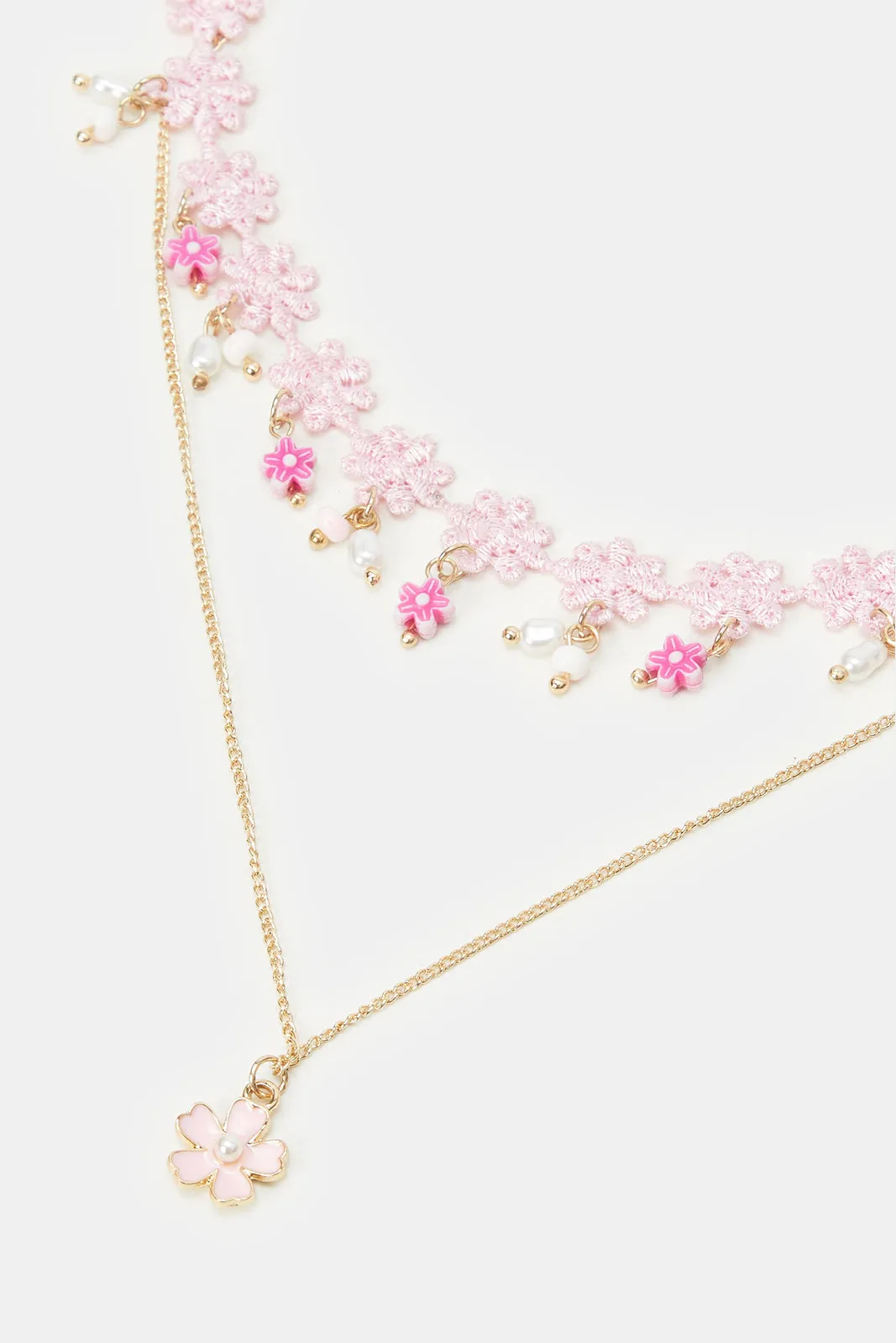 Girls Pink Floral Embellished Necklace