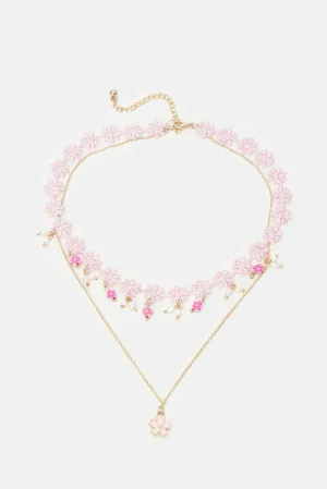 Girls Pink Floral Embellished Necklace