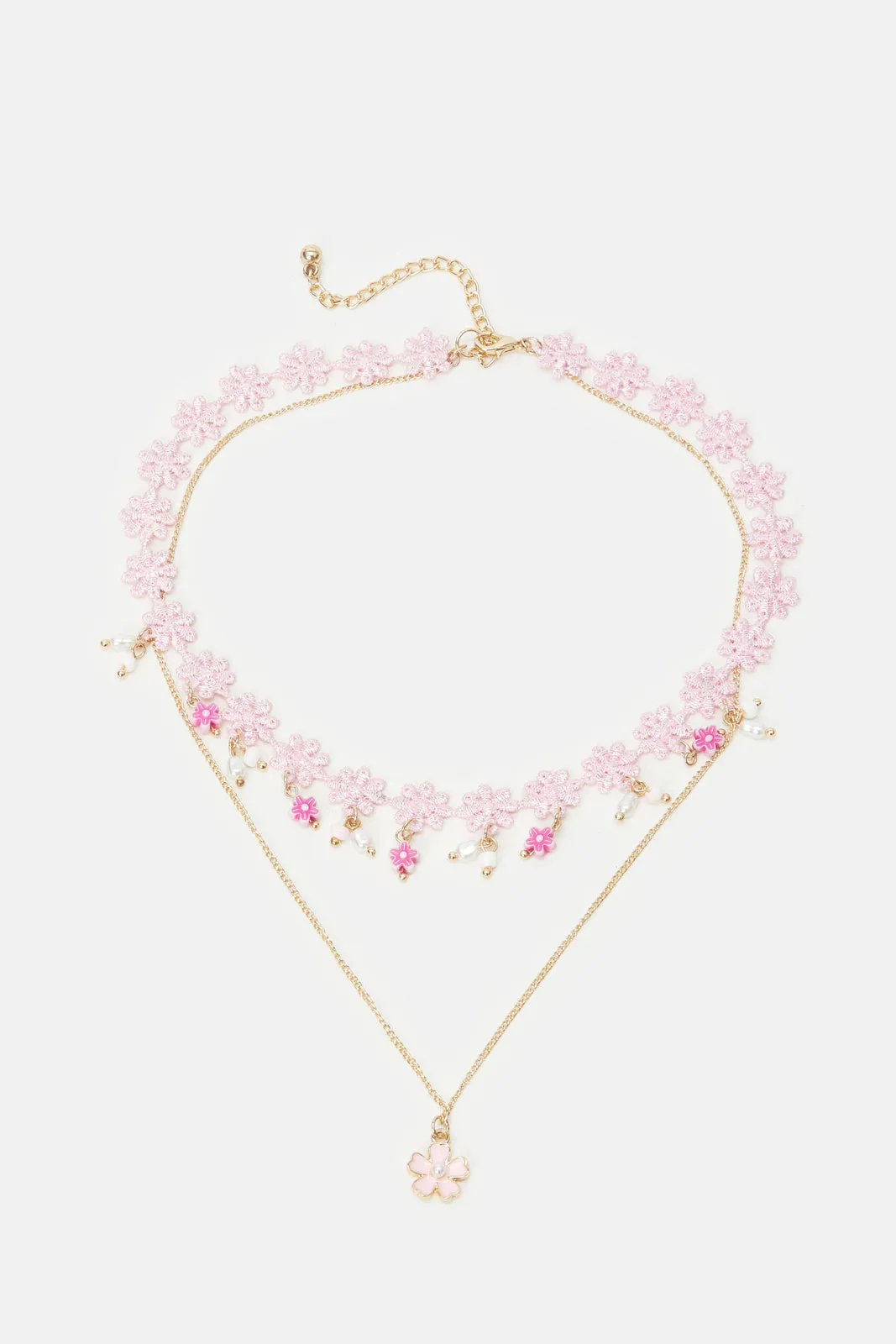 Girls Pink Floral Embellished Necklace