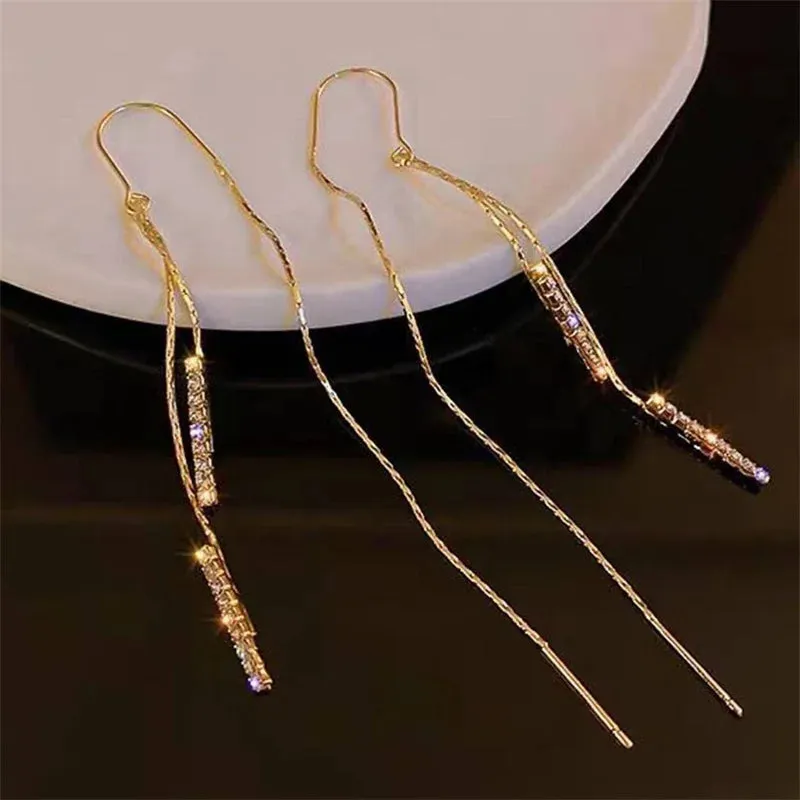 Golden Rhinestone Fringe Hanging Shiny Wedding Statement Luxury Earring