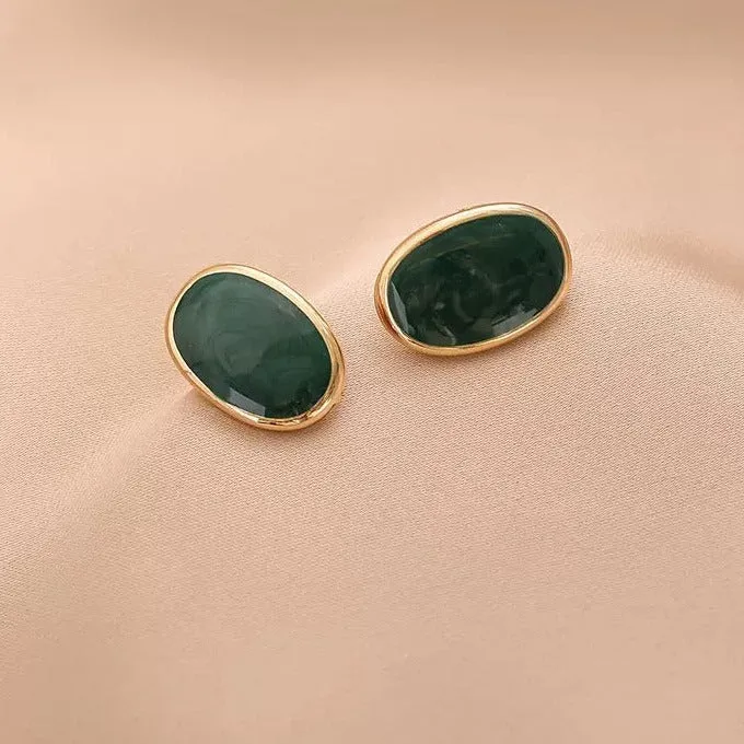 Green Oval Stone Stud Earrings with Gold Trim-jlt11822