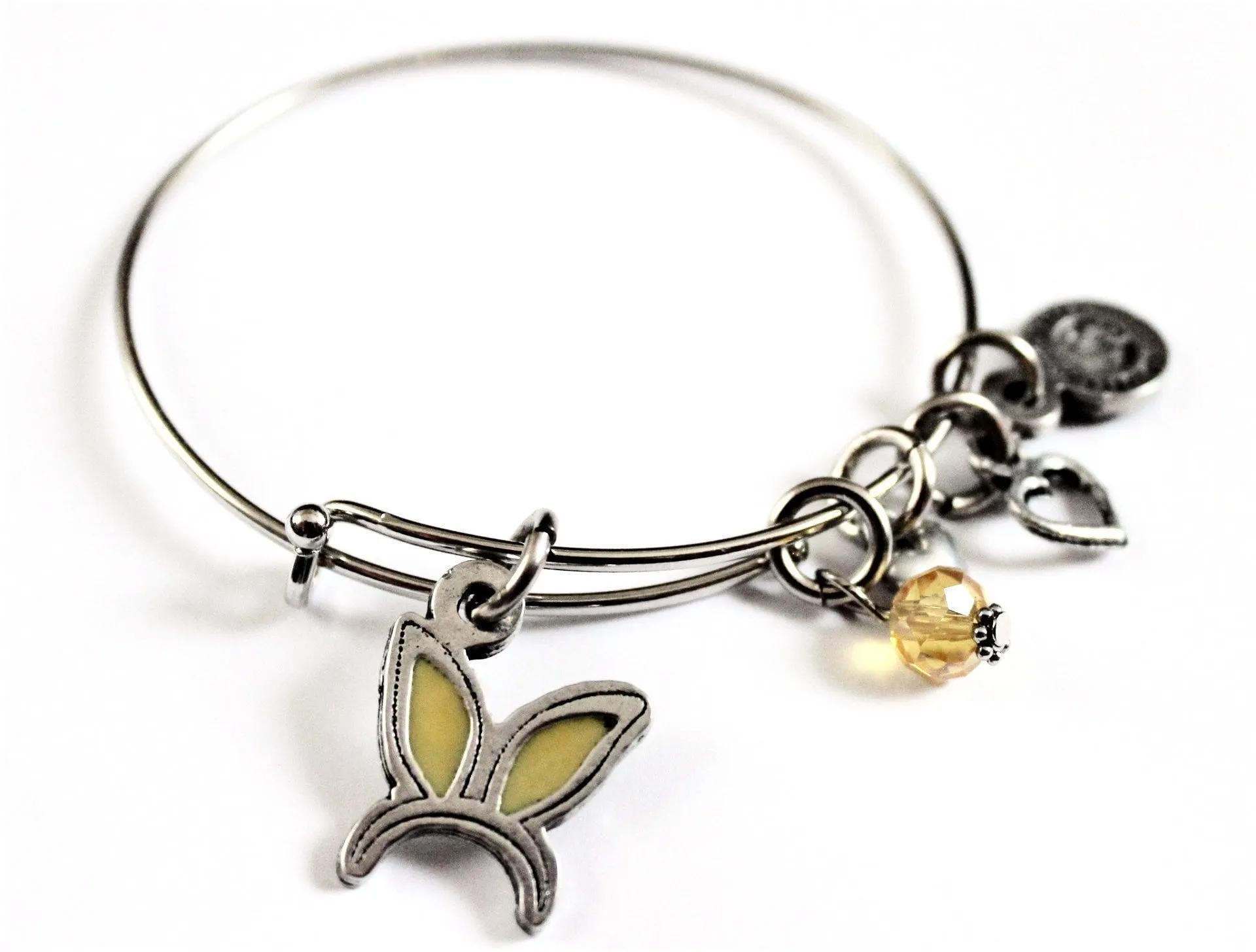 Hand Painted Bunny Rabbit Ears Charm Expandable Bangle Bracelet