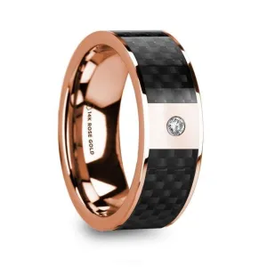 HERMEROS Black Carbon Fiber Inlaid 14k Rose Gold Polished Ring with Diamond Accent - 8mm