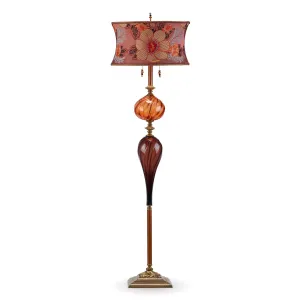 Kevin Floor Lamp F243K157 Embroidered Silk Rust and Red Floral Shade Aubergine and Orange Blown Glass Base by Kinzig Design