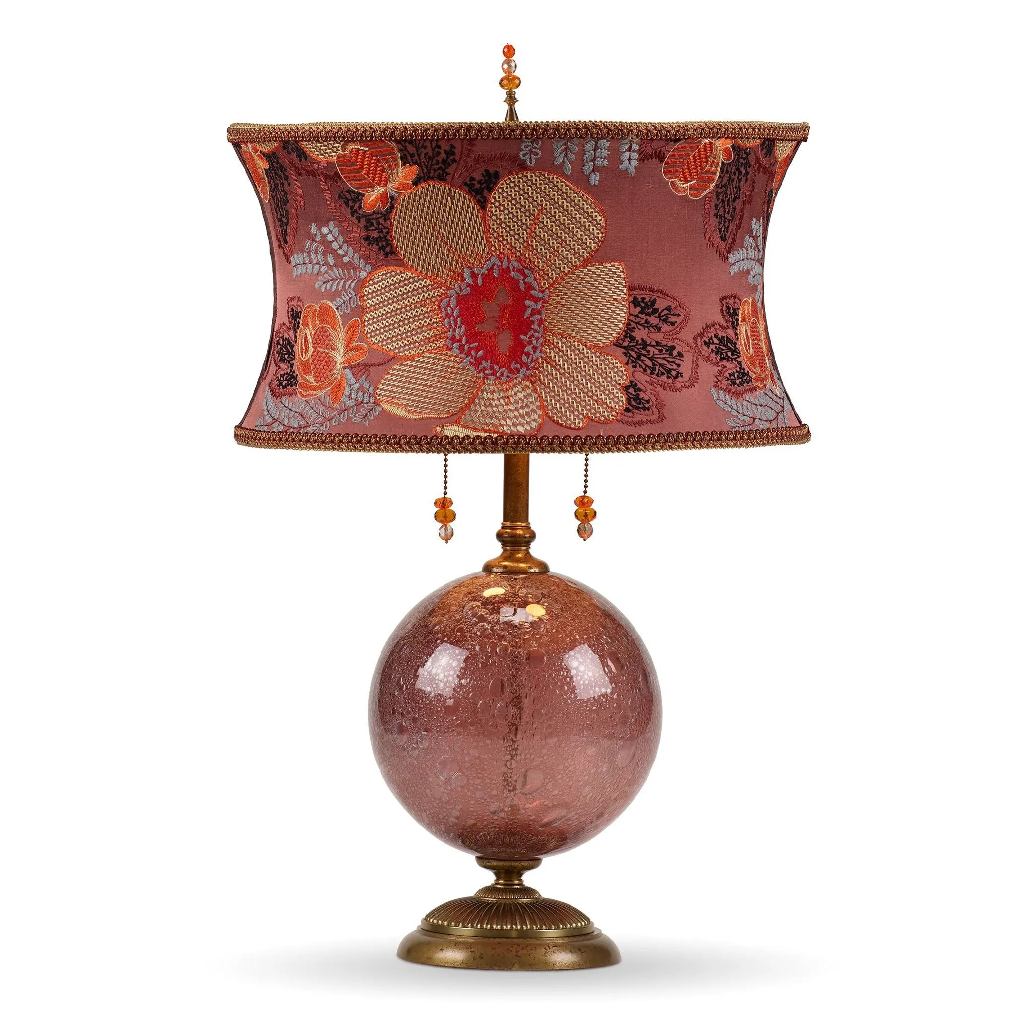 Mai Table Lamp 182 K 157 by Kinzig Design, Colors Aubergine Blown Glass, Floral Design Embroidered Silk Shade