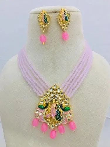 Meenakari kundan long necklace with earrings (baby pink)