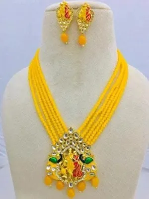 Meenakari kundan long necklace with earrings (yellow)